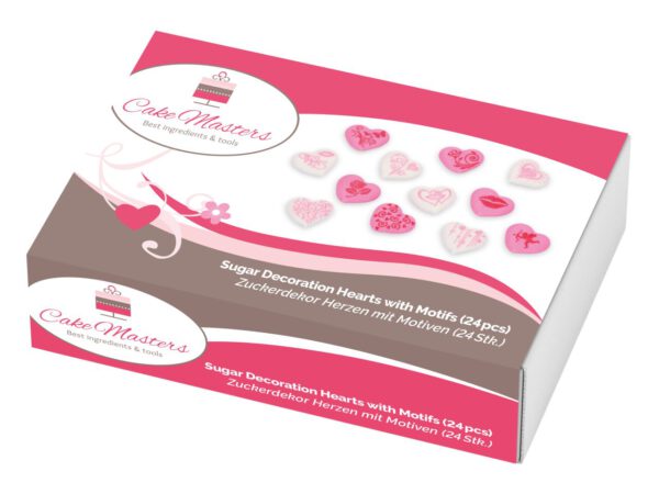 Cake-Masters Herzen mit Motiven weiß-rosa Zucker 24 Stück